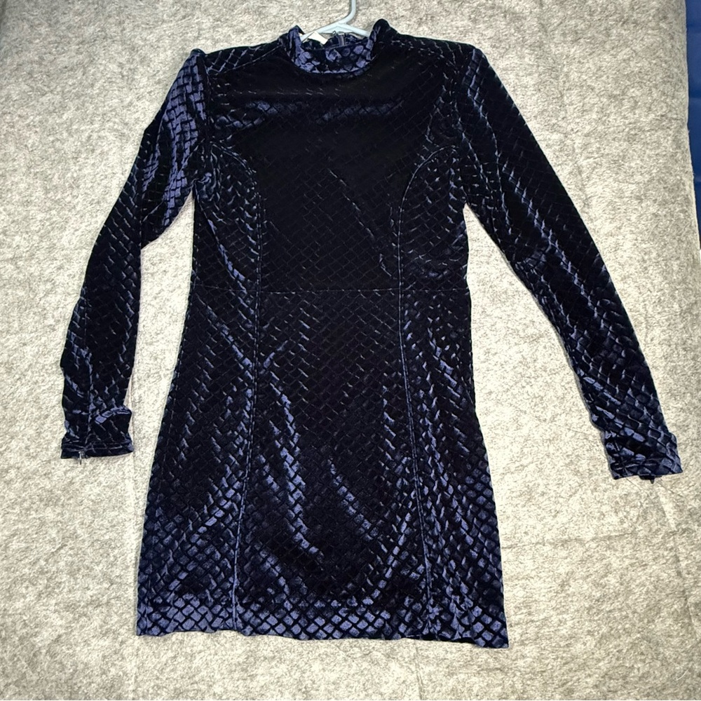 House of London Navy Velvet Mini Dress L Mock Neck Long Sleeve Shoulder Pads ( - Picture 13 of 13
